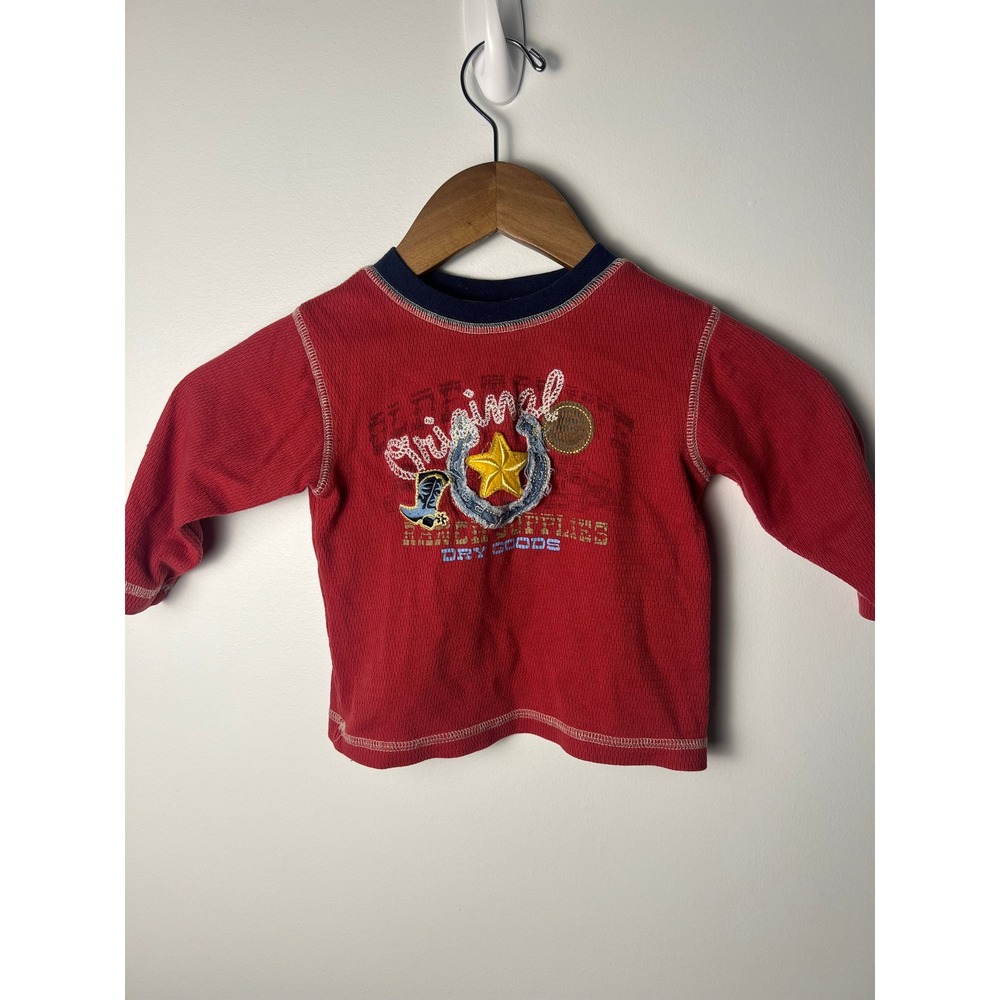 VTG Y2K Thermal Shirt Kids 24M Red Western Horseshoe Star Waffle Knit Cowboy